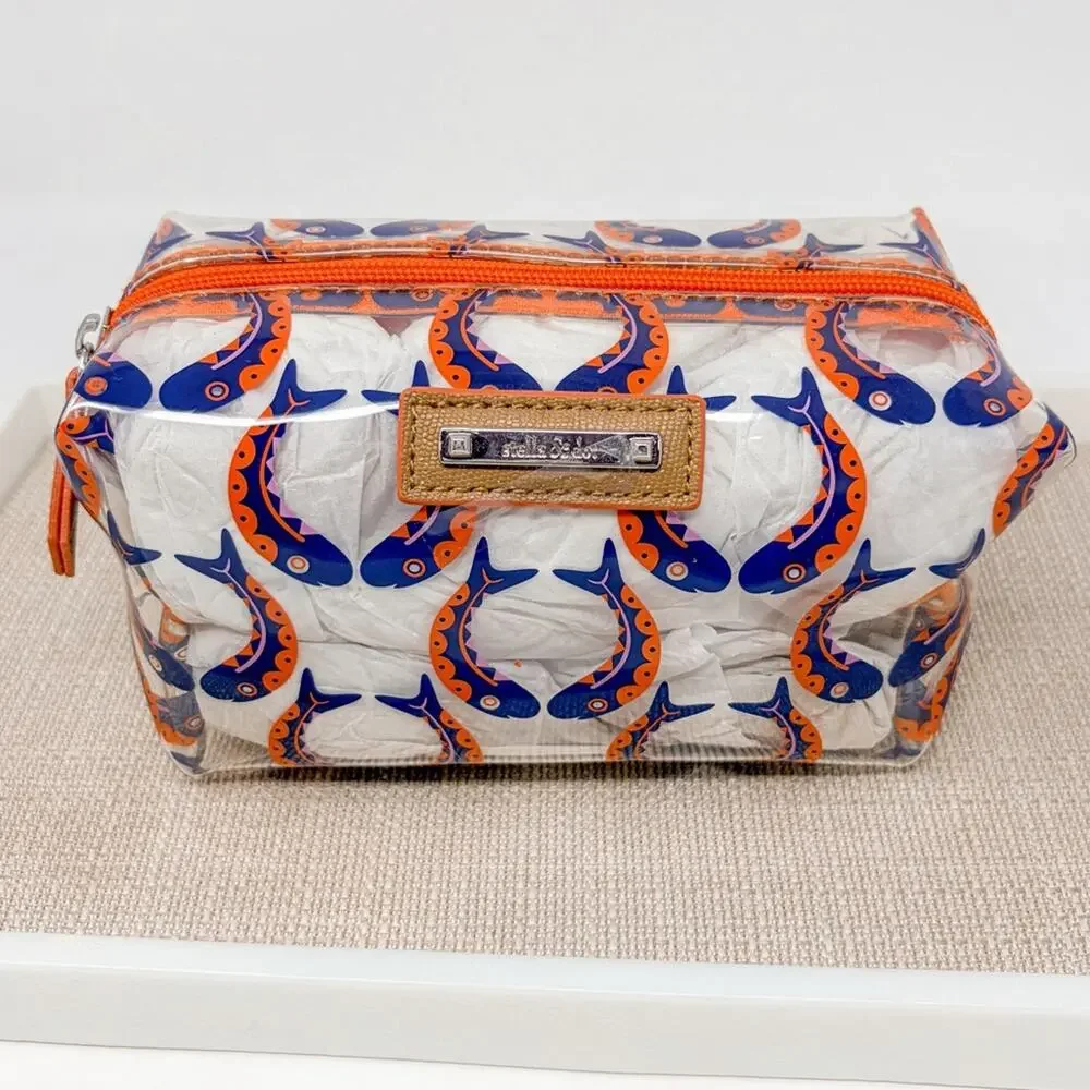 NEW Stella & Dot Kissing Fish Clear Vibrant Blue and Orange Cosmetic Bag
